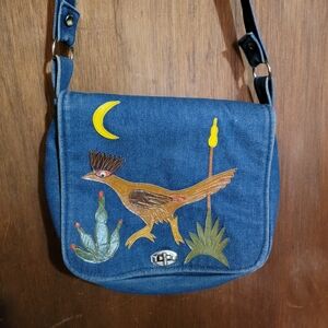 Vintage Blue Denim Crossbody Bag with Road Runner Bird Design